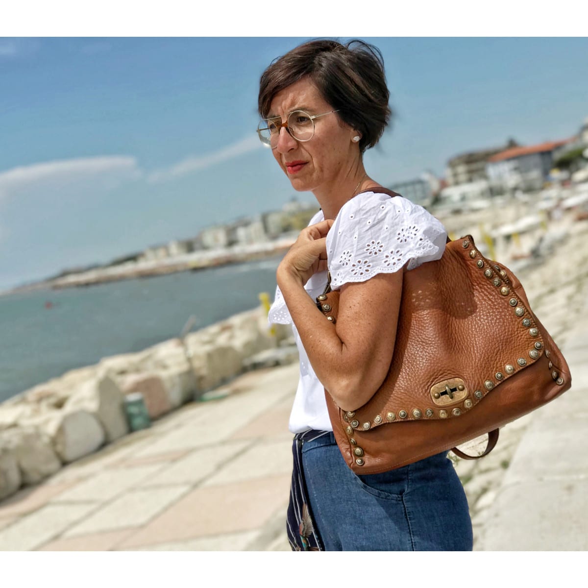 BORSA donna retro vera pelle borchiata manico spalla MADE IN ITALY