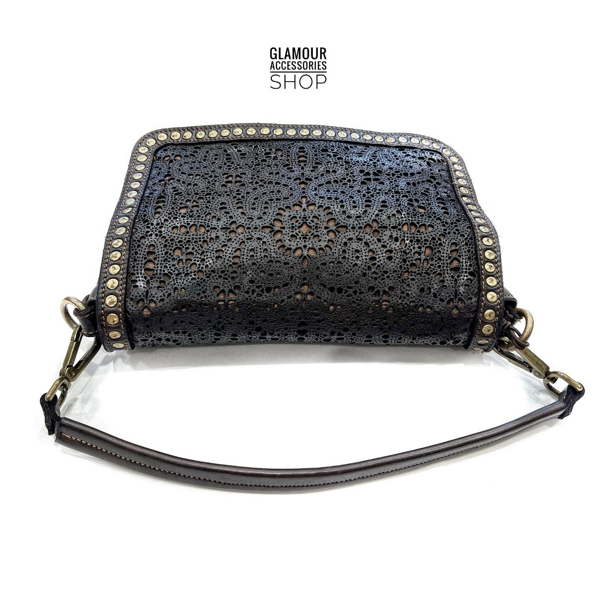 Borsa  MADE IN ITALY donna patta frontale vera pelle lavata vintage laserata borchiata Ester - immagine 8