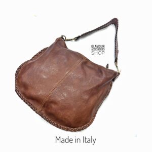 Borsa sacca donna Marlene in vera pelle Made in Italy con bordo intrecciato, chiusura zip e tracolla, colore marrone